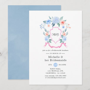 Dusty Blue and Pink Crest Bridesmaids Luncheon Invitation