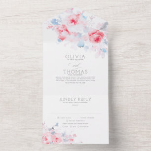 Dusty Blue and Pink Elegant Floral Wedding All In One Invitation