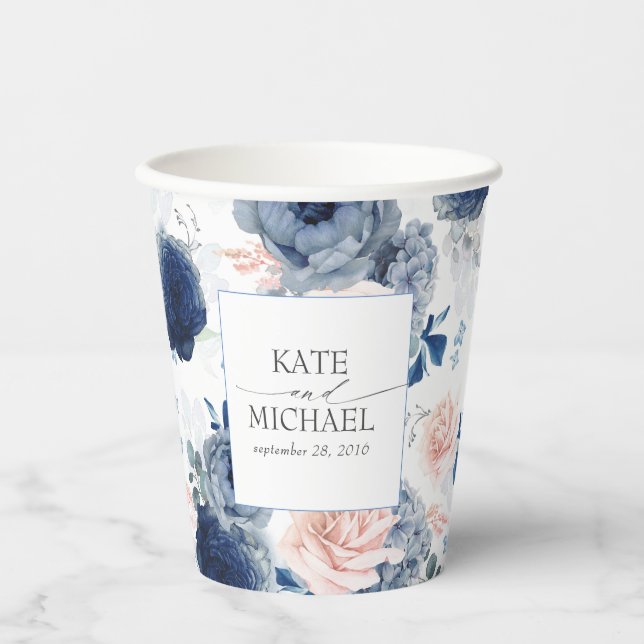 Dusty Blue and Pink Floral Botanical Pattern Paper Cups (Front)