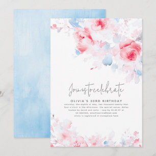 Dusty Blue and Pink Floral Elegant Birthday Invitation