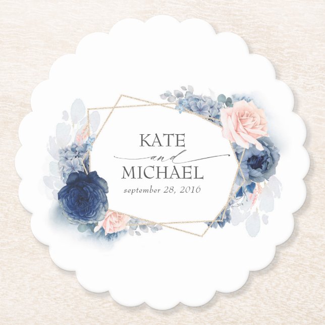 Dusty Blue and Pink Floral Elegant Paper Coaster (Front)