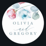 Dusty Blue and Pink Floral Elegant Wedding Classic Round Sticker<br><div class="desc">Elegant flowers wedding stickers</div>