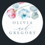 Dusty Blue and Pink Floral Elegant Wedding Classic Round Sticker<br><div class="desc">Elegant flowers wedding stickers</div>