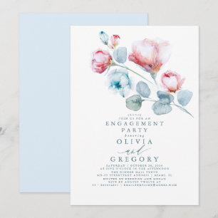 Dusty Blue and Pink Floral Engagement Party Invitation