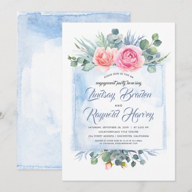 Dusty Blue and Pink Floral Engagement Party Invitation (Front/Back)