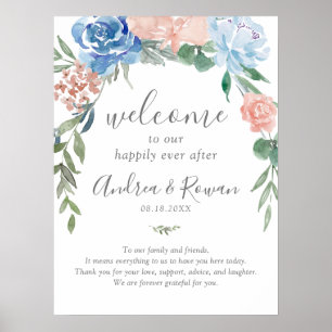 Dusty Blue and Pink Floral Happily Ever After Poster