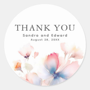 Dusty Blue and Pink Floral Modern Thank You Classic Round Sticker