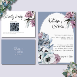 Dusty Blue and Pink Floral Modern Wedding QR Code  RSVP Card