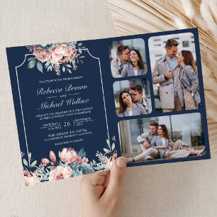 Dusty Blue and Pink Floral Navy QR Code Wedding Invitation