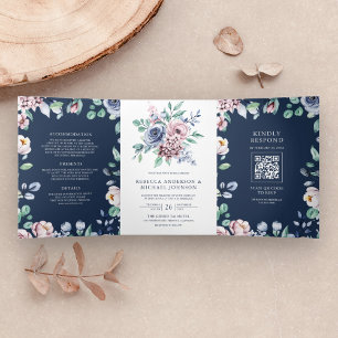 Dusty Blue and Pink Floral Navy QR Code Wedding Tri-Fold Invitation