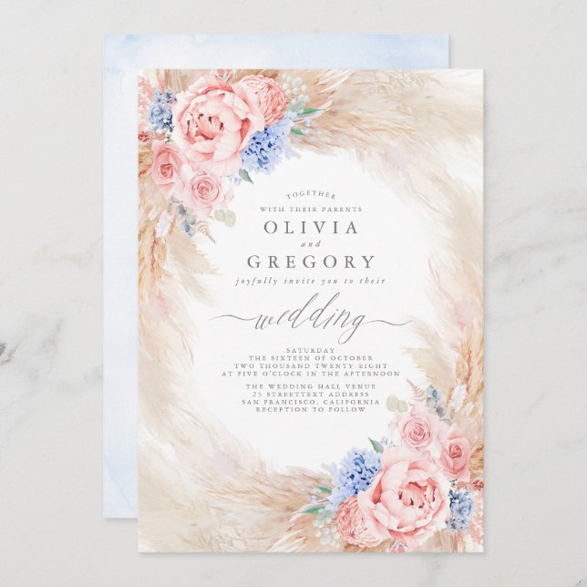 Dusty Blue and Pink Floral Pampas Grass Wedding Invitation (Front/Back)