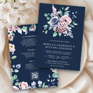 Dusty Blue and Pink Floral QR Code Navy Wedding Invitation