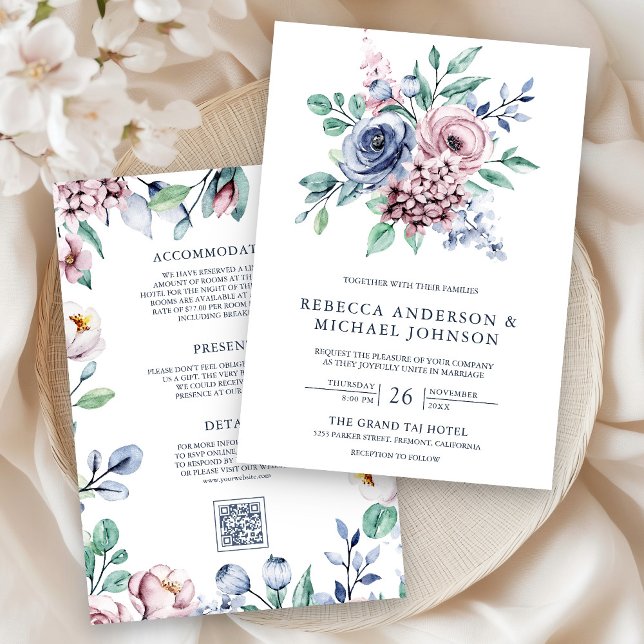 Dusty Blue and Pink Floral QR Code Wedding Invitation (Creator Uploaded)