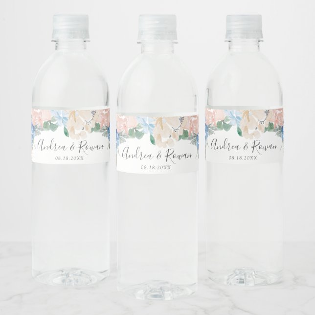 Dusty Blue and Pink Floral Water Bottle Label (Bottles)