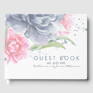Dusty Blue and Pink Floral Watercolors Wedding Guest Book