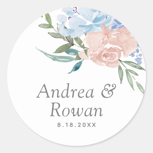 Dusty Blue and Pink Floral Wedding Classic Round Sticker (Front)