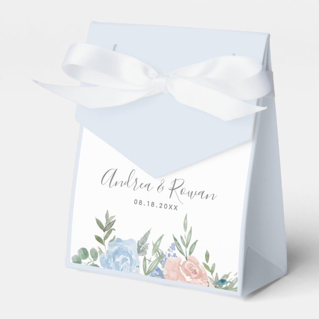 Dusty Blue and Pink Floral Wedding Favor Box (Front Side)