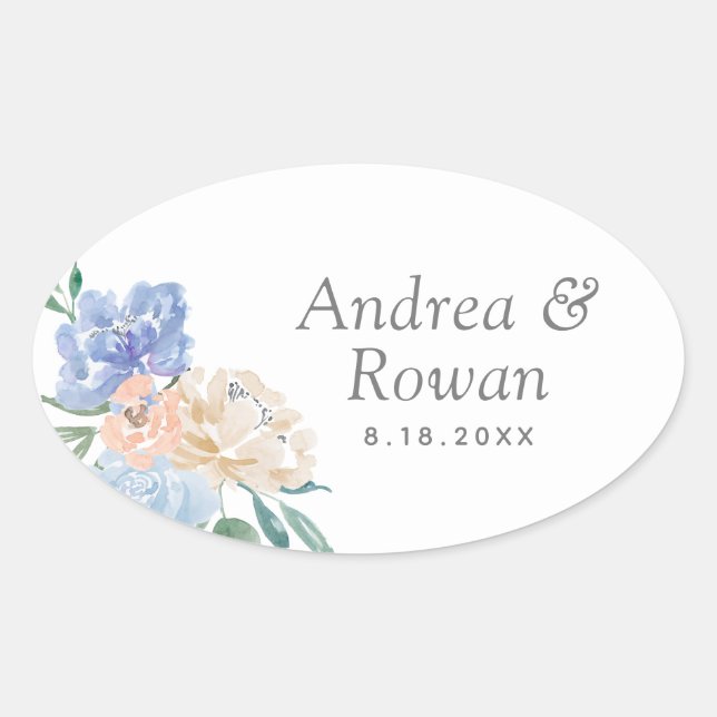 Dusty Blue and Pink Floral Wedding Oval Sticker (Front)