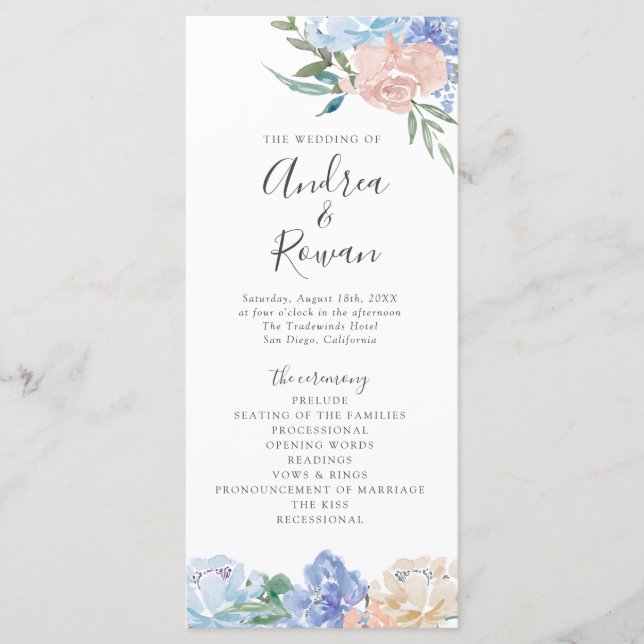 Dusty Blue and Pink Floral Wedding Program (Front)