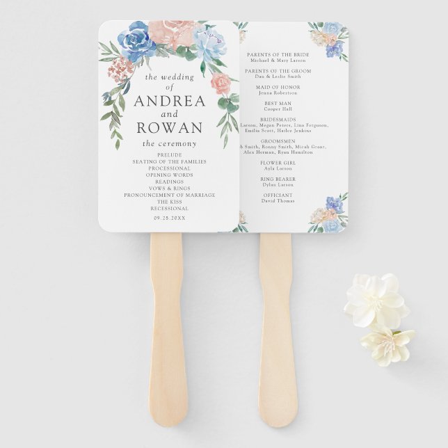 Dusty Blue and Pink Floral Wedding Program Hand Fa Hand Fan (Front and Back)