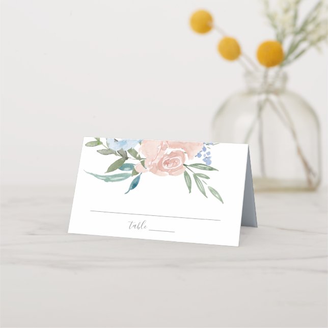 Dusty Blue and Pink Floral Wedding Table Place Card (Front)
