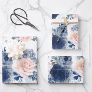 Dusty Blue and Pink Flowers Elegant Botanical Wrapping Paper Sheet