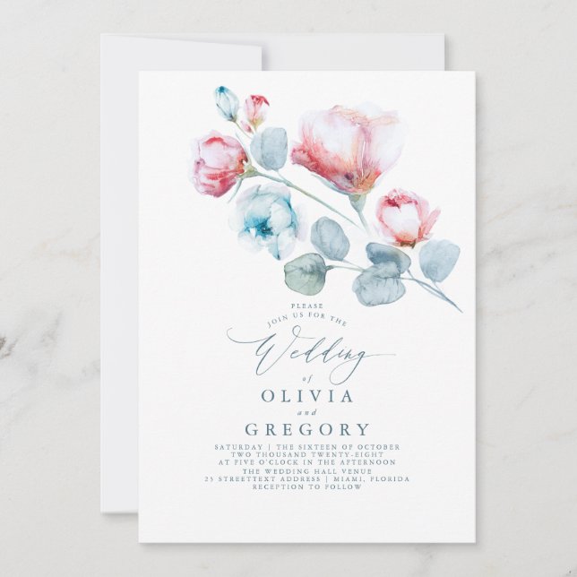 Dusty Blue and Pink Flowers Elegant Wedding Invitation (Front)