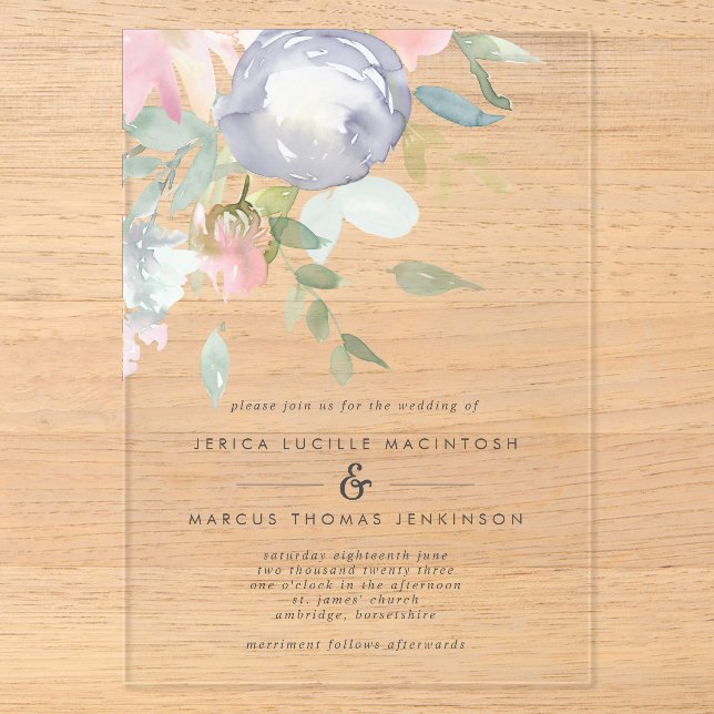 Dusty Blue and Pink Flowers Pastel Spring Wedding Acrylic Invitations (Front)
