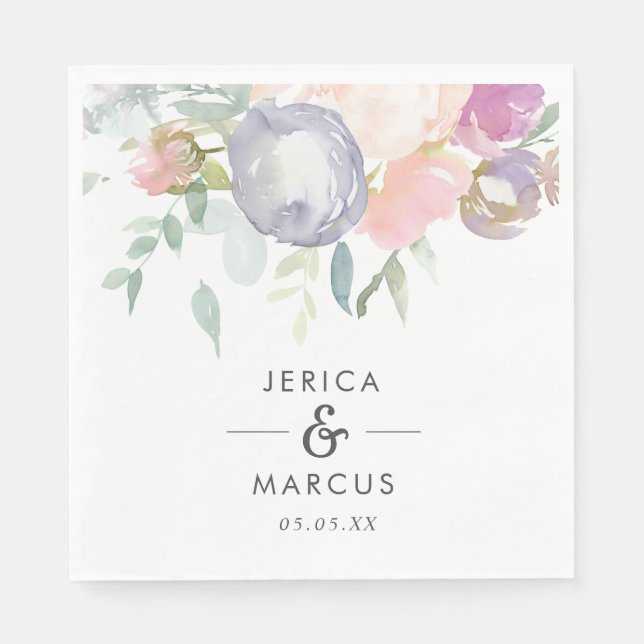 Dusty Blue and Pink Flowers Wedding Napkin (Front)