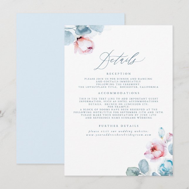 Dusty Blue and Pink Wedding Details Enclosure Card (Front/Back)