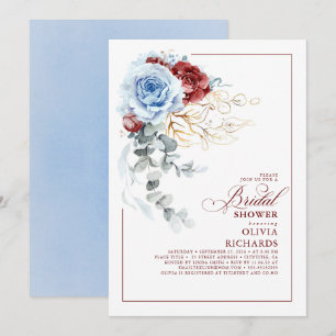 Dusty Blue and Red Floral Botanic Bridal Shower Invitation