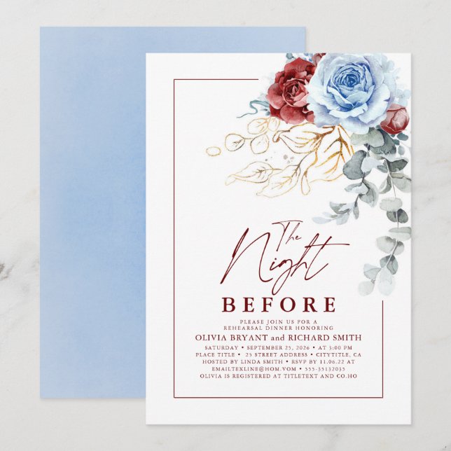 Dusty Blue and Red Floral Rehearsal Dinner Invitation (Front/Back)