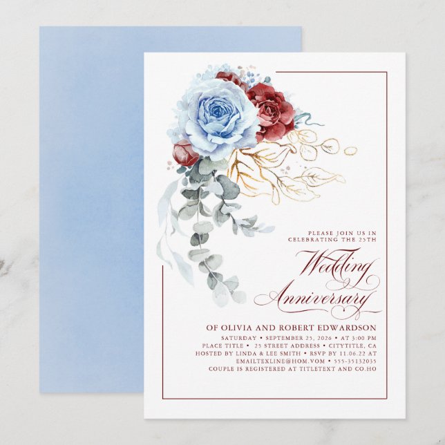 Dusty Blue and Red Floral Wedding Anniversary Invitation (Front/Back)