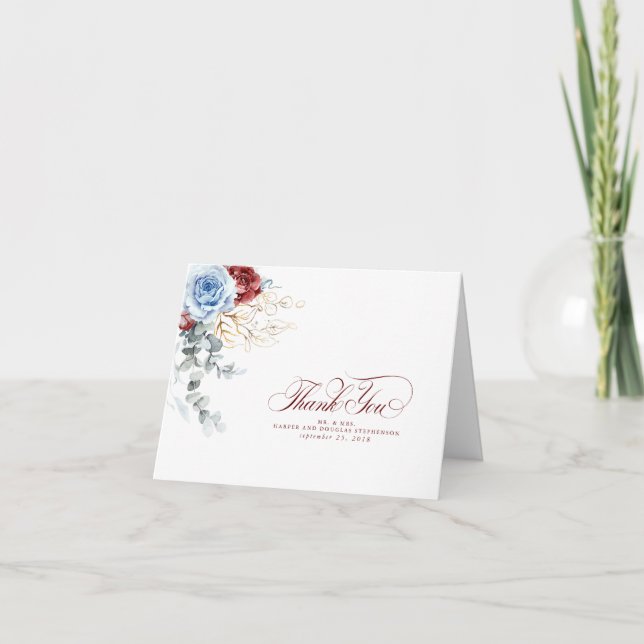 Dusty Blue and Red Flowers Boho Thank You Card (Front)