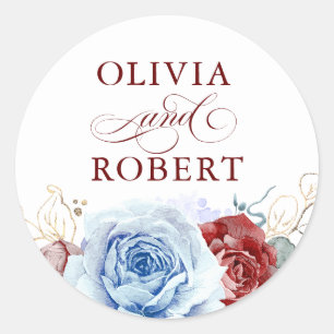 Dusty Blue and Red Wedding Modern Floral Boho Classic Round Sticker