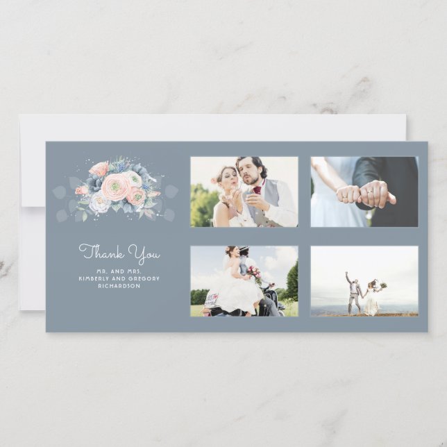 Dusty Blue and Rose Floral Wedding Thank You (Front)