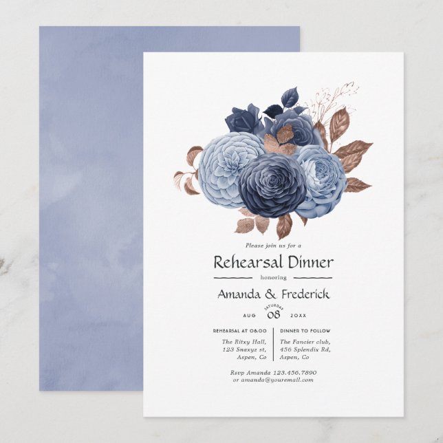 Dusty Blue and Rose Gold Floral Rehearsal Dinner Invitation (Front/Back)