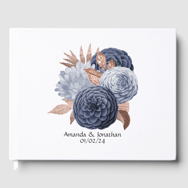 Dusty Blue and Rose Gold Floral Wedding Guest Book (Front)