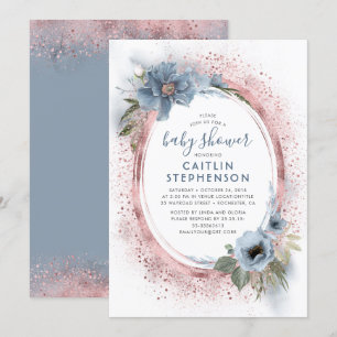 Dusty Blue and Rose Gold Glitter Baby Shower Invitation