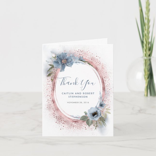 Dusty Blue and Rose Gold Glitter Floral Thank You (Front)