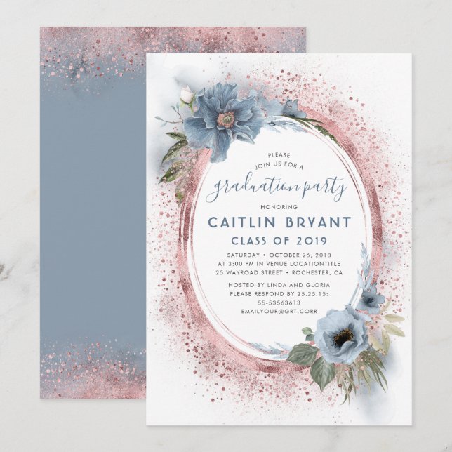 Dusty Blue and Rose Gold Glitter Graduation Party Invitation (Front/Back)