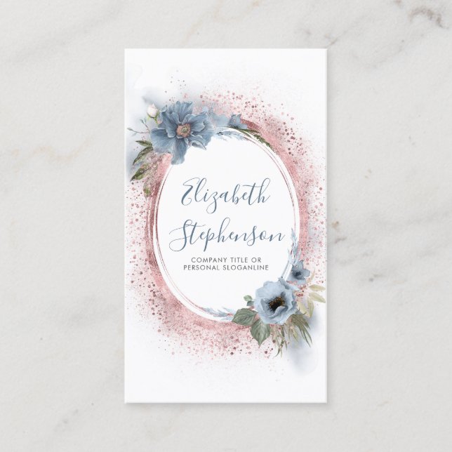 Dusty Blue and Rose Gold Glitter Modern Floral Business Card (Front)