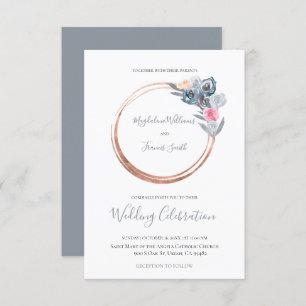 dusty blue and rose pink circle frame wedding invitation
