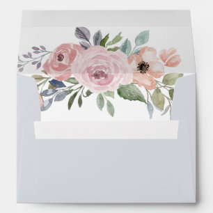 Dusty Blue and Rose Watercolor Floral   Wedding Envelope