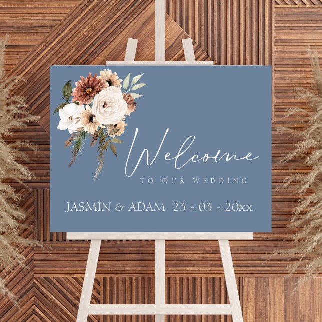 Dusty Blue and Rust Script Floral Wedding Welcome Poster (Elegant Dusty Blue Peach Floral Wedding Sign)