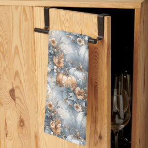 Dusty Blue and Rustic Orange Autumn Pumpkin Design Kitchen Towel