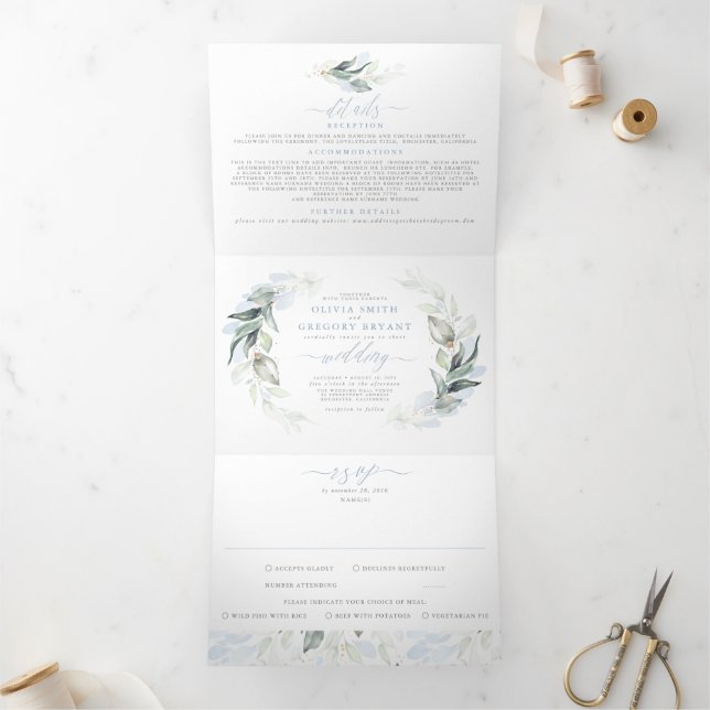 Dusty Blue and Sage Elegant Greenery Wedding Tri-Fold Invitation (Inside)