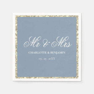 Dusty Blue and Silver Border Mr & Mrs Wedding  Napkin