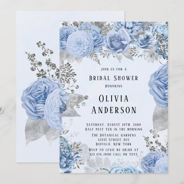 Dusty Blue and Silver Floral Bridal Shower Invitation (Front/Back)