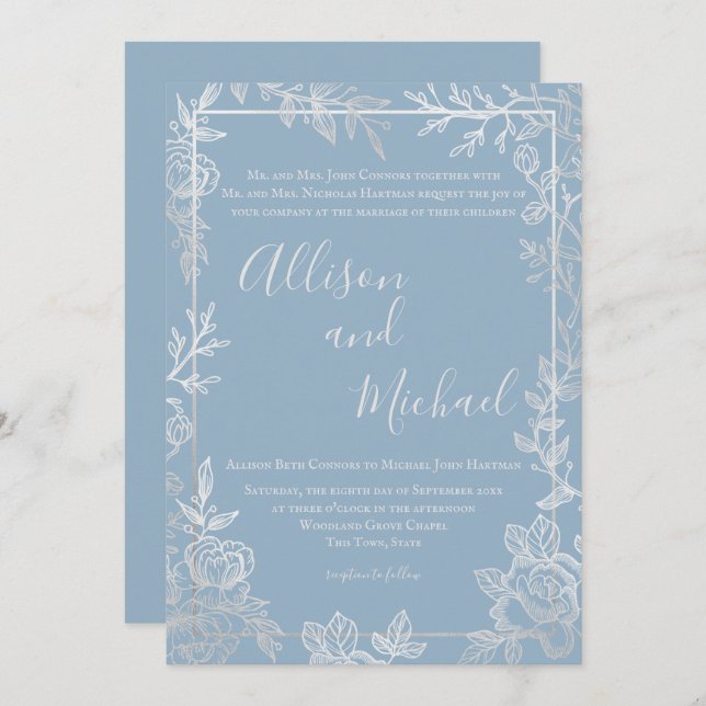 Dusty Blue and Silver Floral Sketch Frame Invitation (Front/Back)